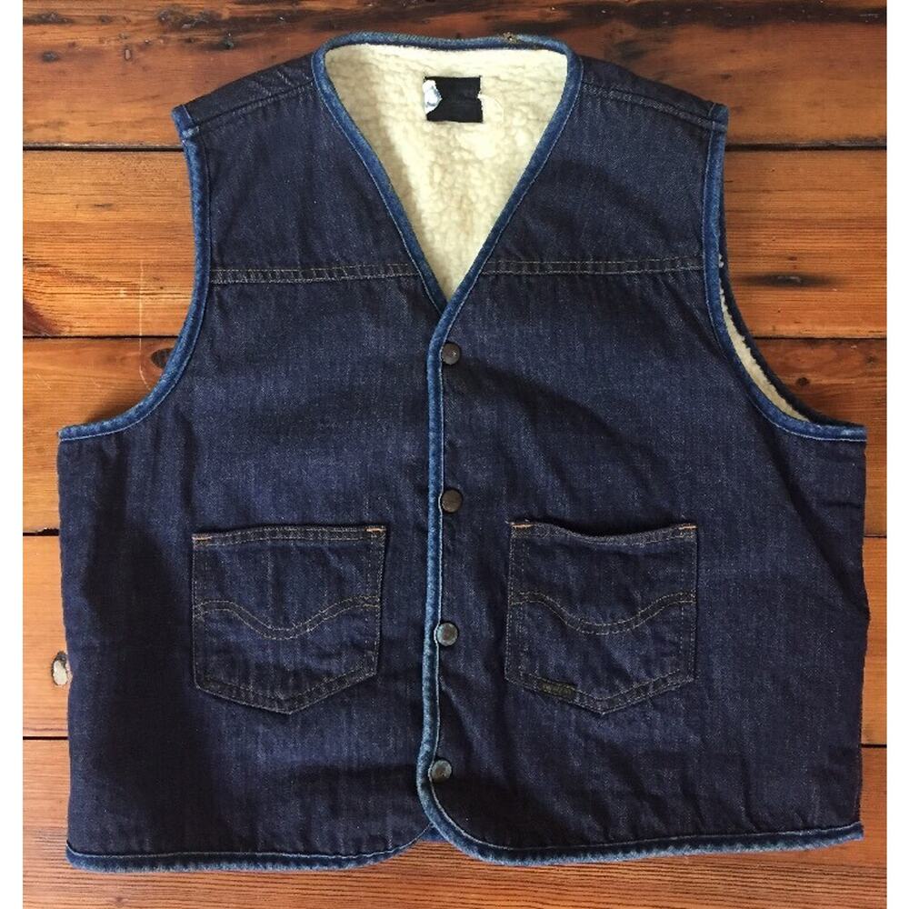 Vtg Roebucks Sears Blue Jean Denim Snap Up Fleece Lined Sleeveless Vest M-L 44"